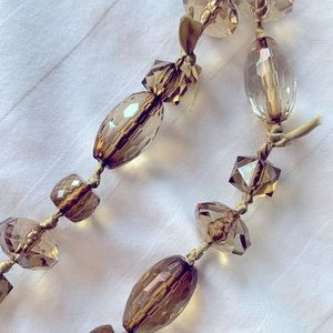 Jcrew necklace, olive green beads strung with silk ribbon.